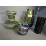 A group of mid to late 20th century art glassware to include a Whitefriars random strap cylinder