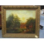 A Victorian oil painting depicting a brace of horses and cart in front of a timbered farmhouse, with