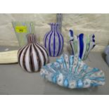 A group of five pieces of Venetian Latticino and filigrana glass vases and a dish