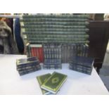 Two sets of green and blue leather bound books, Charles Dickens and others