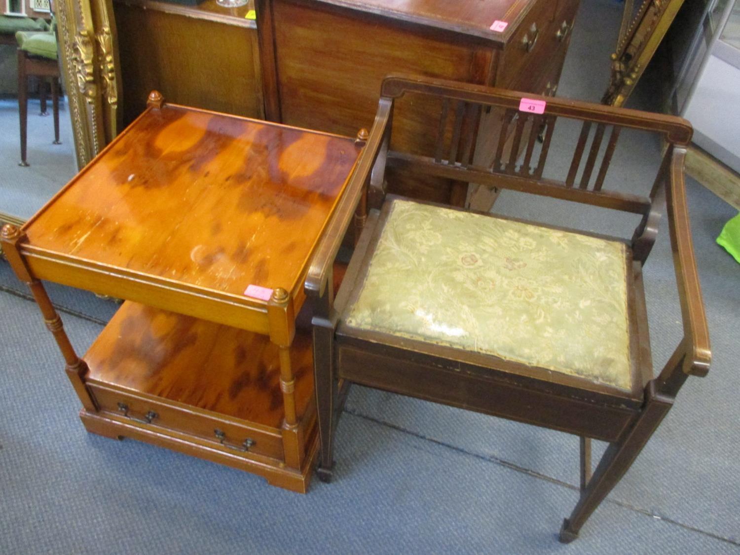 An Edwardian piano stool, together with a reproduction yew wood, two tier lamp table