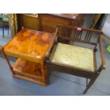 An Edwardian piano stool, together with a reproduction yew wood, two tier lamp table