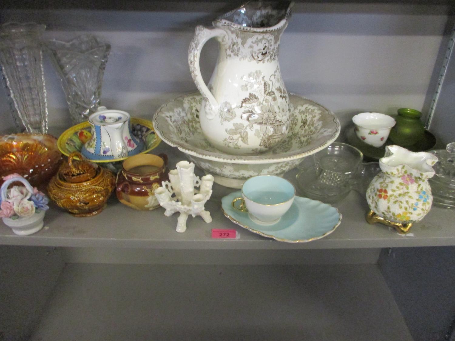 A mixed lot to include a wash jug and bowl, cut glass and other items