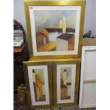 Three matching modern prints of buildings, framed and glazed