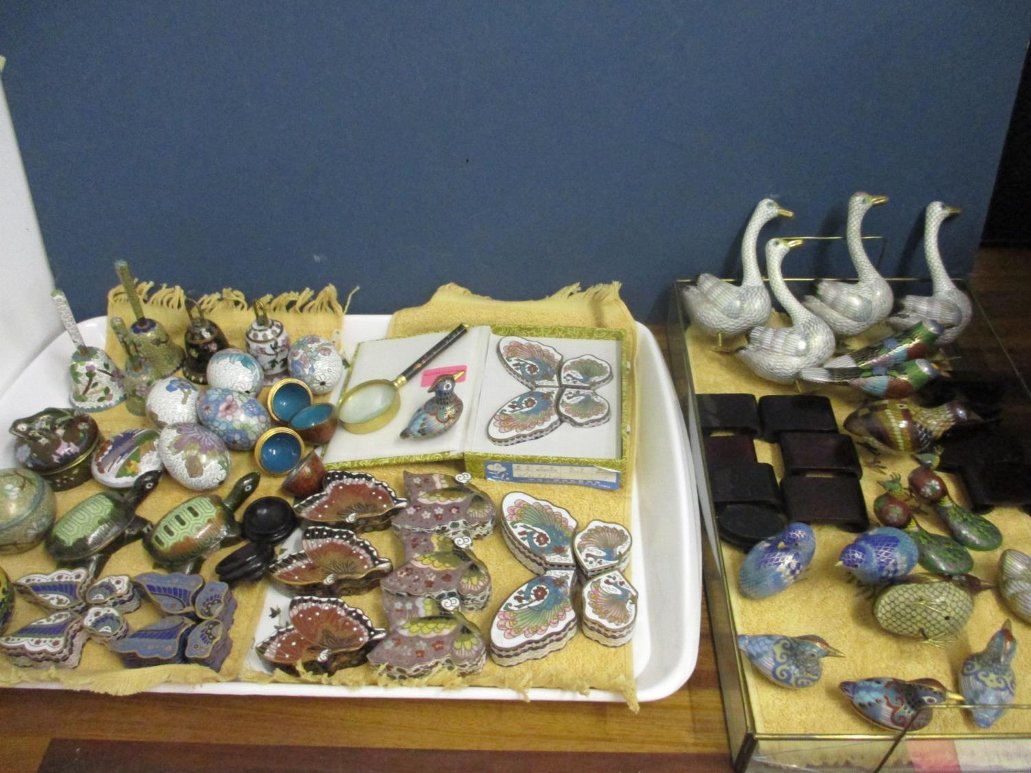 A collection of oriental cloisonne ornaments to include boxes in the form of birds