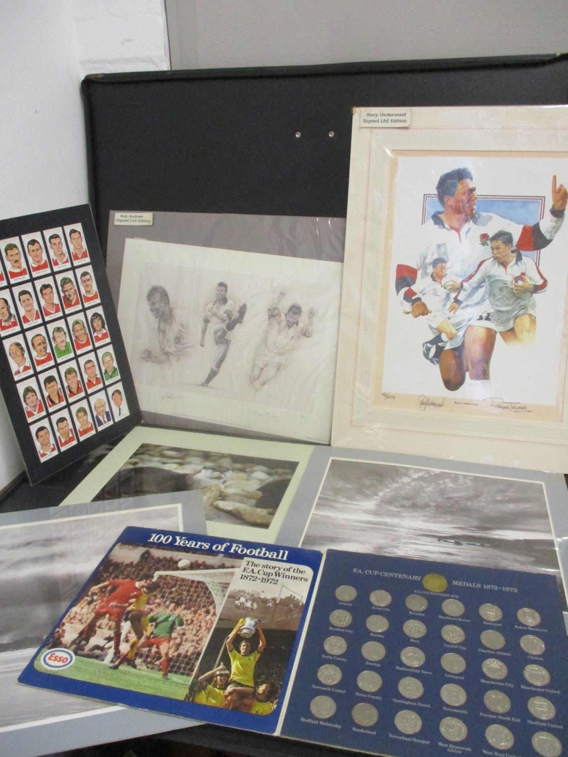 A folio of items to include a signed Roy Underwood rugby print, a signed Roy Andrew limited