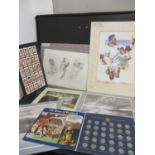 A folio of items to include a signed Roy Underwood rugby print, a signed Roy Andrew limited