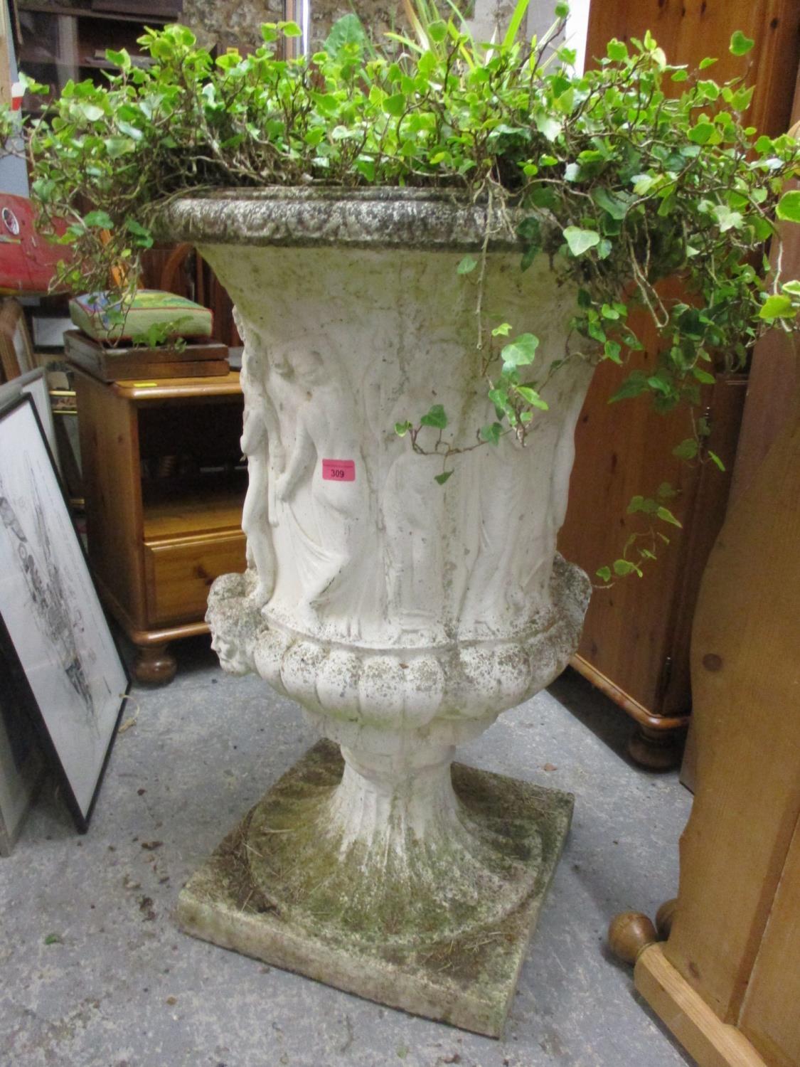 A large 20th century garden urn planter in the 16th century style, decorated with Grecian figures