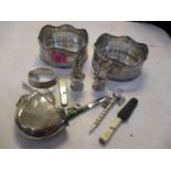 A mixed lot of silver and silver plate to include two pierced wine coasters, a silver bangle and