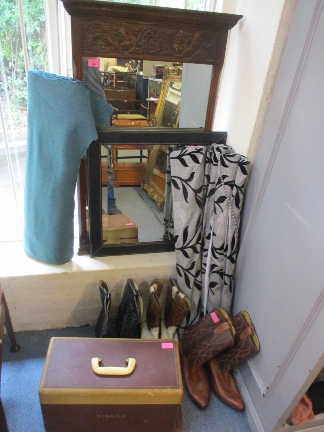 A mixed lot to include an oak carved mirror, leather boots, a Singer sewing machine, blinds and a