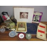 A mixed lot to include a 19th century rosewood box, engraving, ephemera, a 19th century Toby jug and