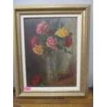 E Hull- a still life study of roses in a vase, oil on board, signed and framed