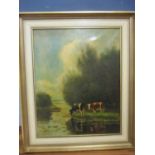 Early 20th century British School - cattle by a river, oil on canvas, framed