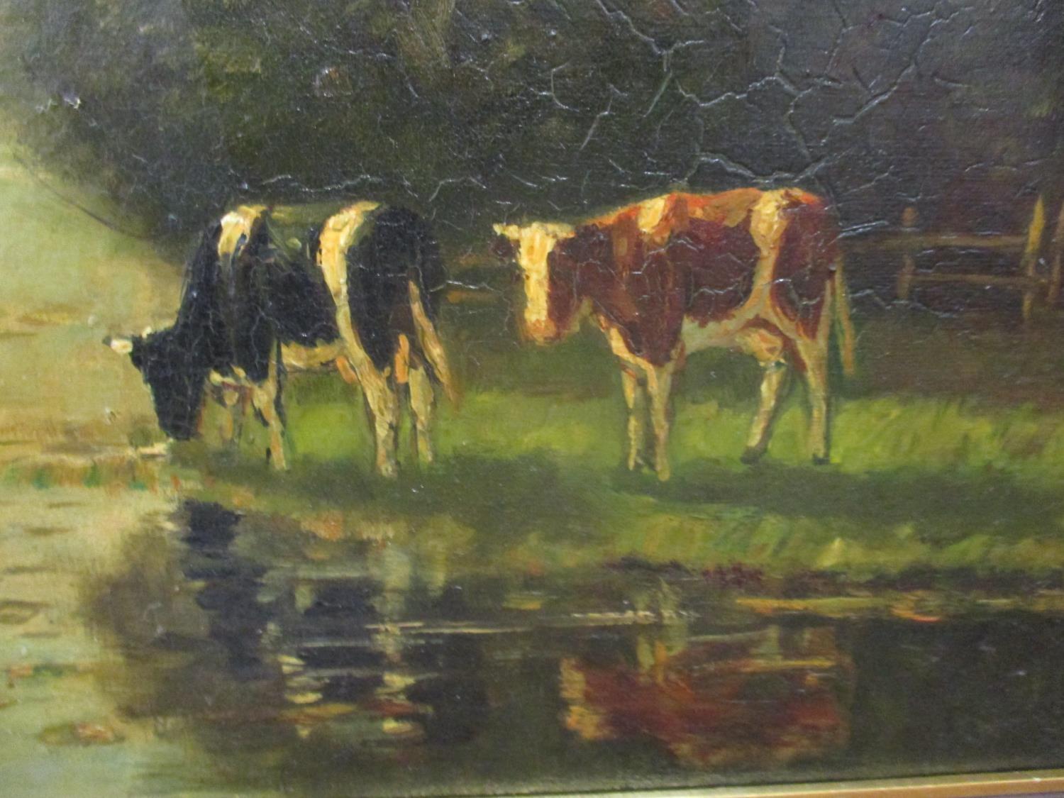 Early 20th century British School - cattle by a river, oil on canvas, framed - Image 2 of 3
