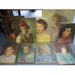 Nine oil on canvas of mixed portraits by various artists to include and early to mid 20th century