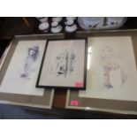 An oriental silk picture together with two Sara Moon prints