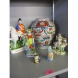 Three Staffordshire figures A/F, together with an Imari vase and two miniature character jugs