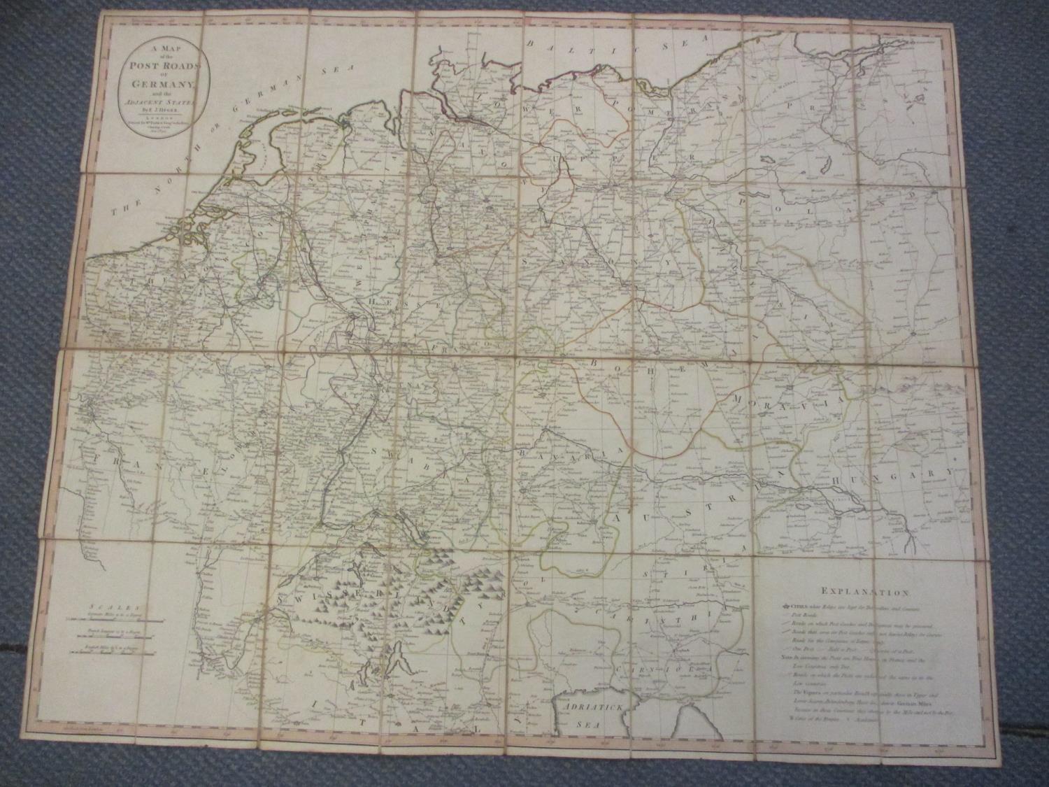 A late 18th century map of The Past Roads of Germany by F J Heger