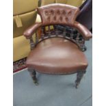 A late Victorian mahogany framed, scrolled back desk chair with vase shaped balustrade,
