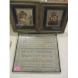 An early 19th century sampler dated 1826 A/F and two portrait prints, framed and glazed