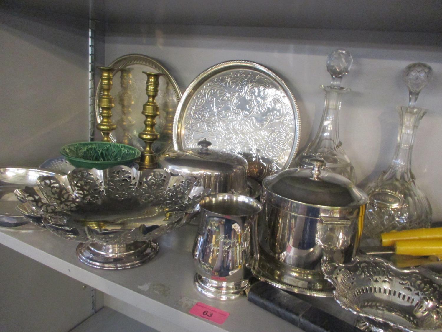 A mixed lot to include two cut glass decanters, silver plated trays, brass candlesticks, cutlery and - Image 2 of 2