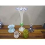 Victorian glassware to include an opaque vase, a perfume bottle, two vases and a jug