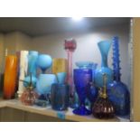 A selection of art glassware to include two scent bottles, an etched vase and other items