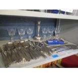 A mixed lot to include Elkington cutlery, silver plated candlestick and Stuart glassware