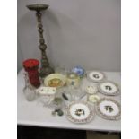 Ceramics, glassware and metalware to include silver collared scent bottle plates, a large brass