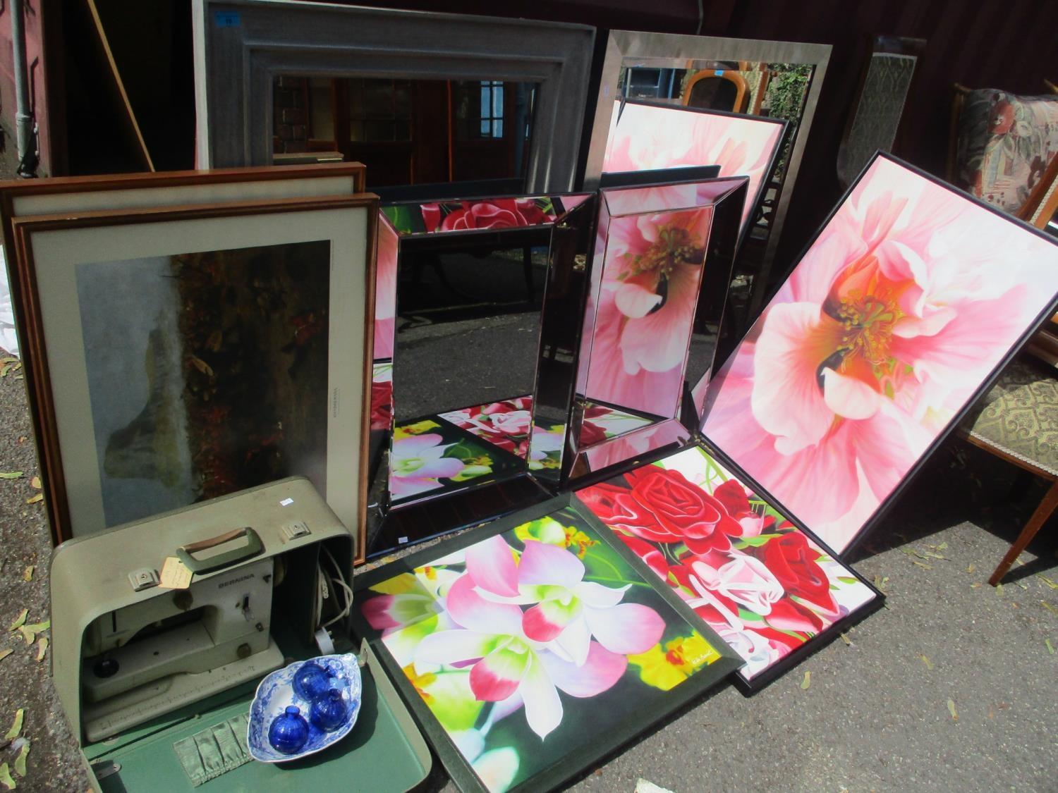 A mixed lot to include four modern mirrors, still life pictures, a sewing machine and other items