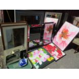 A mixed lot to include four modern mirrors, still life pictures, a sewing machine and other items