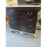 A modern black and silver painted chest of two short and three long drawers