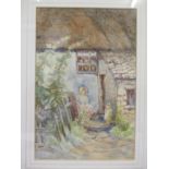 W Matthews - a watercolour depicting mother and child by a cottage, signed and dated 04 to the lower