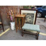 A mixed lot to include a 1930s barley twist stool, an oak occasional table, a signed Elsley print