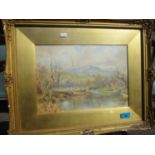 W R Hoyles 1870 - 1935, A framed glazed watercolour, river scene in Conway, A/F 14" x 9 1/2"