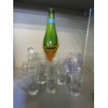 A selection of art glass to include a Czechoslovakian green and crystal glass vase with orange