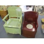 A Victorian mahogany commode chair, together with a green painted cane back commode chair
