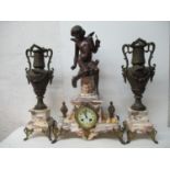 A late 19th century French bronze and spelter marble clock with garniture, 8 day movement striking