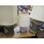 Three vintage table lamps having wallpaper printing block columns