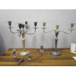 Two silver plated candelabra with changeable tops and sconces, and a spare branch