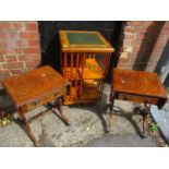 A pair of modern mahogany finished, single drawer occasional tables with fall flaps, on lyre