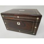 A Victorian mother of pearl inlaid rosewood vanity case with a hinged lid, enclosing a green leather