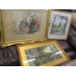 Three watercolours to include one depicting two figures walking a dog with river to the