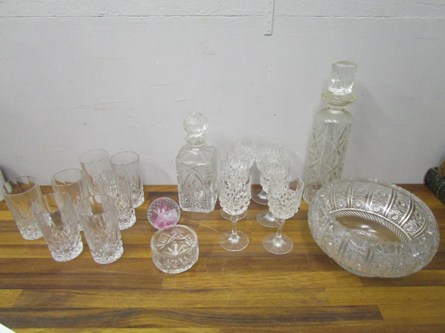 Glassware to include a set of six wines, two decanters, a bowl and other items