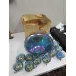 A Carnival glass iridescent blue Princes punch set