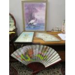 Oriental collectibles to include a Hero Nim print, a Chinese embroidered panel, a painted fan and