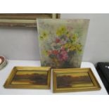 Pictures to include a pair of Highland scenes, oil on canvas, 8" x 16" framed, and a still life of