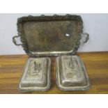 Two early 20th century silver plated entree dishes and a similar tray