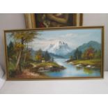 G Whitman - an Alpine landscape with a river to the foreground, oil on canvas, 24" x 48", framed
