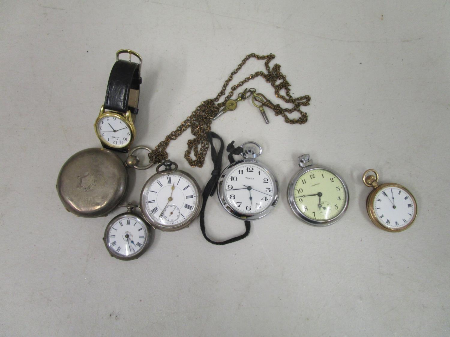 Six pocket watches to include two silver, open faced examples, a full hunter and a wristwatch